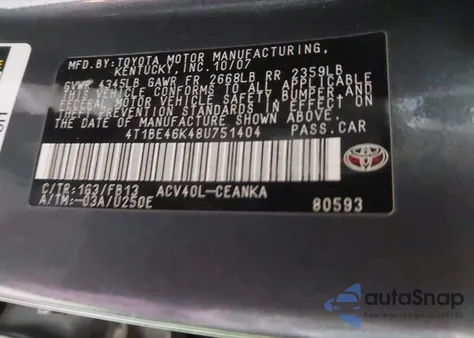 2008 Toyota Camry Le z USA, uszkodzony, nr VIN 4T1BE46K48U751404